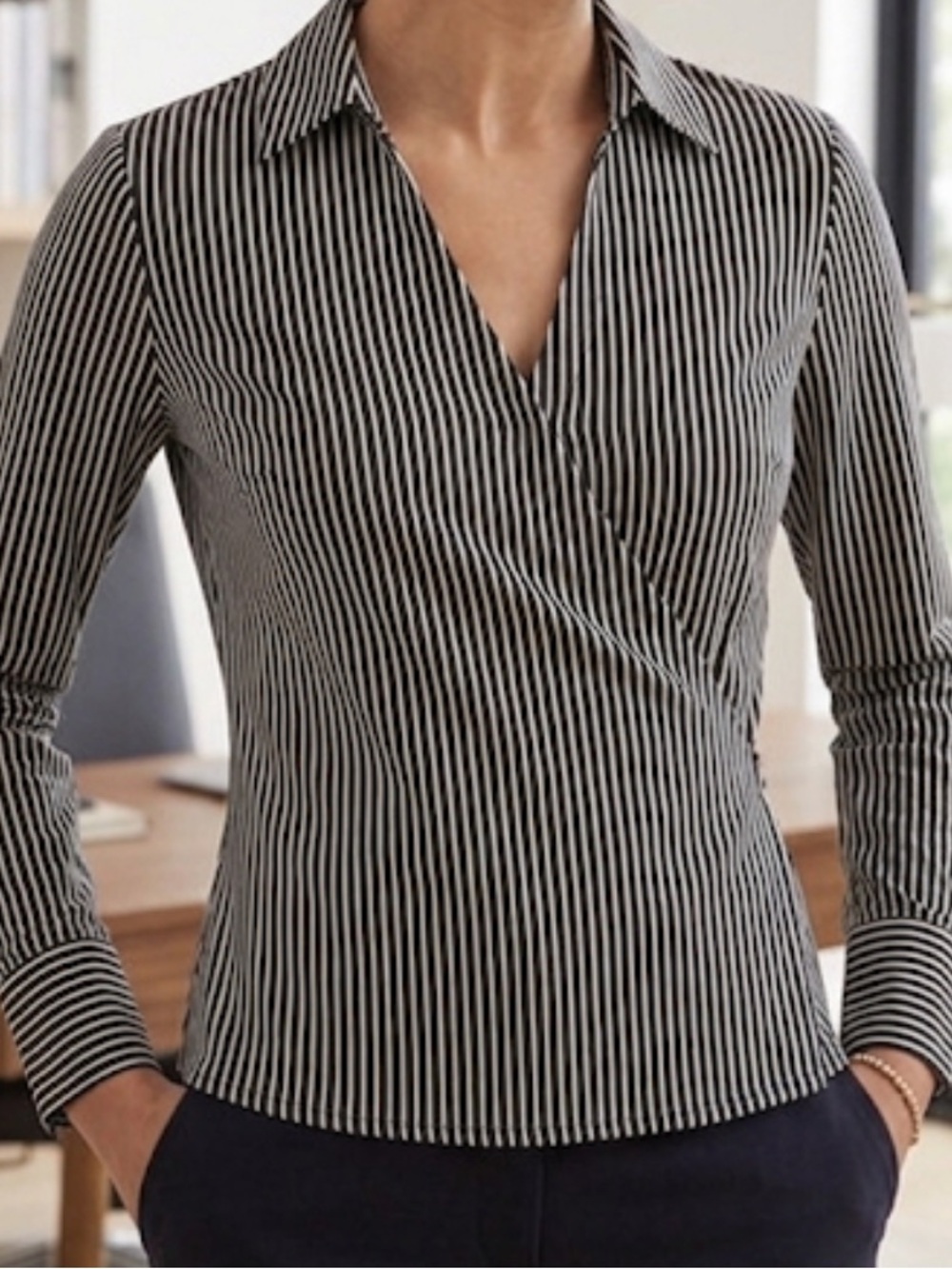 LOFT Black & White Vertical-Striped Wrap Blouse
